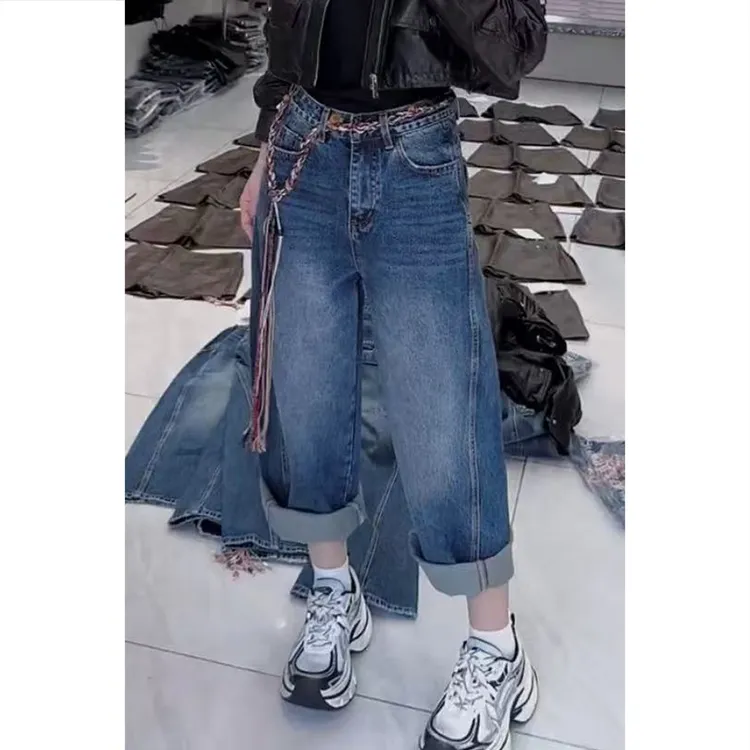 艾塔莉早秋水洗中腰大码牛仔裤秋季百搭显瘦修身阔腿裤磨白九分裤