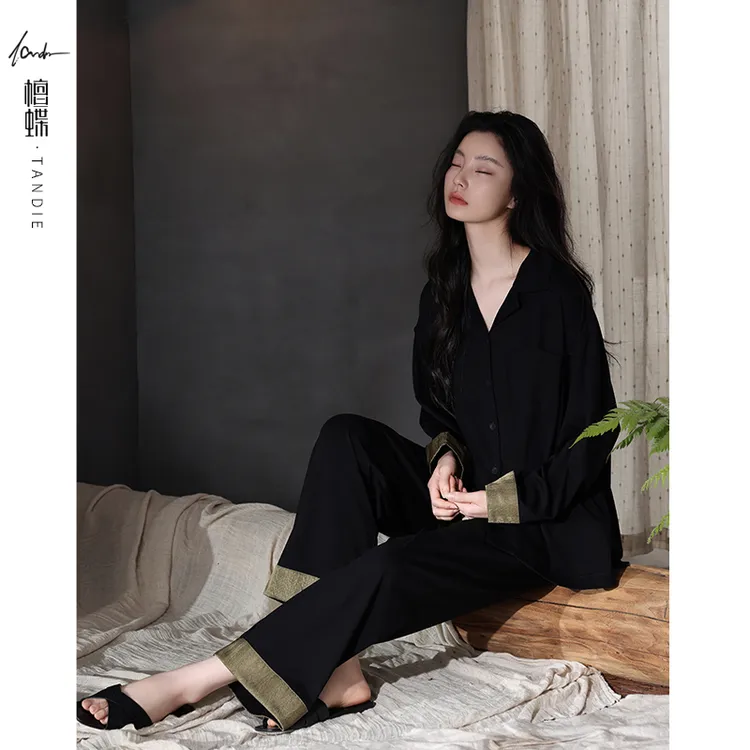 檀蝶纯棉居家女款爆款2025新款秋季撞色鎏金家居服女可外穿
