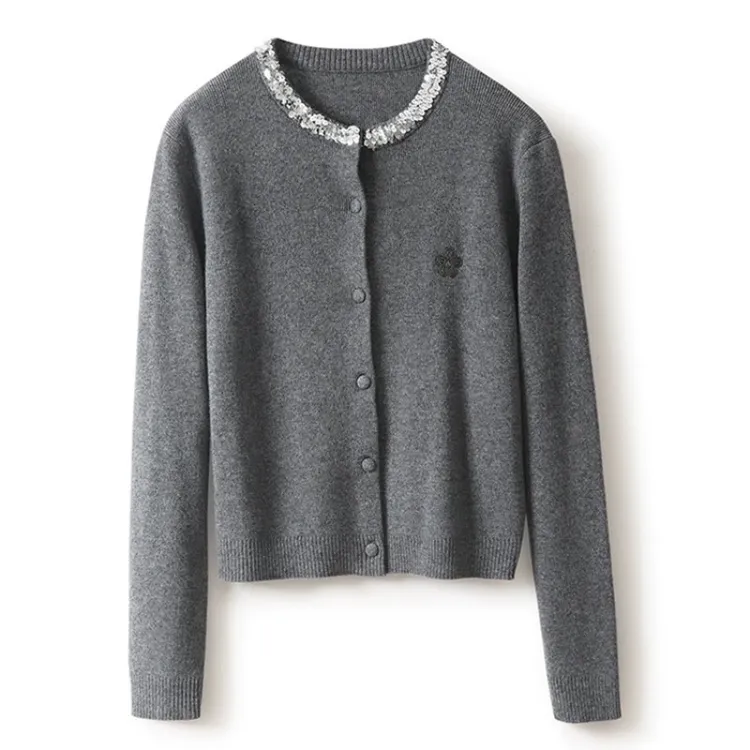 TUBREIT/图百年秋冬韩版圆领刺绣钉珠针织长袖开衫毛衣时尚百搭