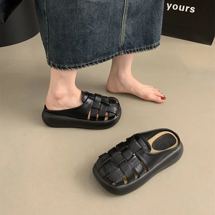 增高厚底包头半拖鞋女夏外穿法式松糕气质仙女凉拖海边沙滩罗马鞋