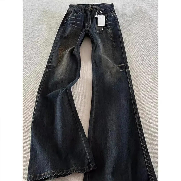 潮牌蓝灰色爪痕牛仔裤男夏季美式复古裤子vibe显瘦高腰直筒微喇裤