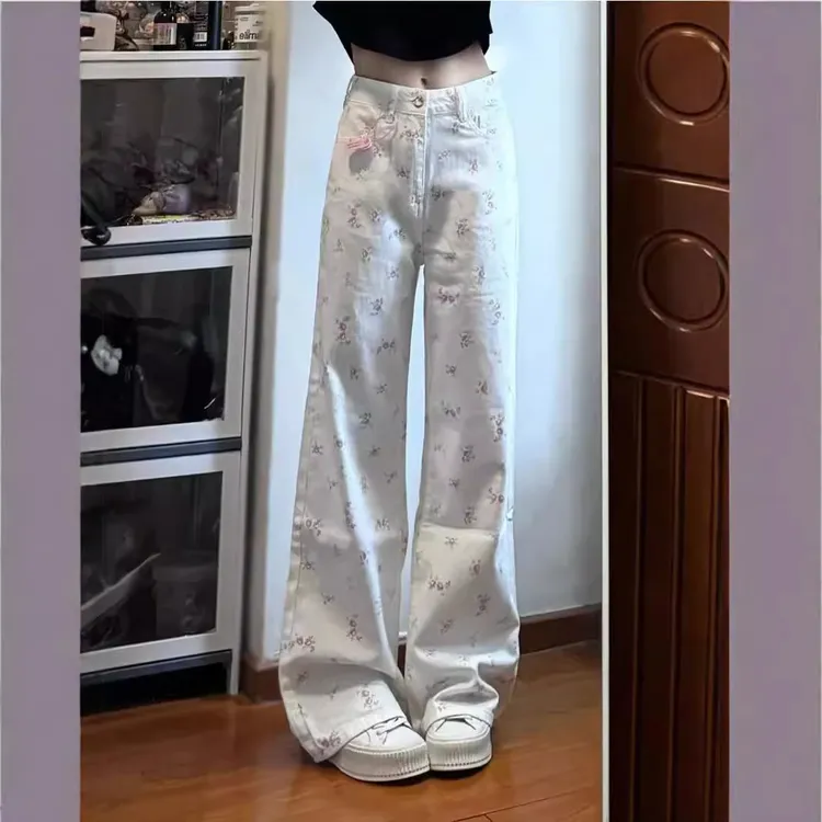 美式小熊印花直筒牛仔裤女2025夏季新款设计感宽松高腰显瘦阔腿裤