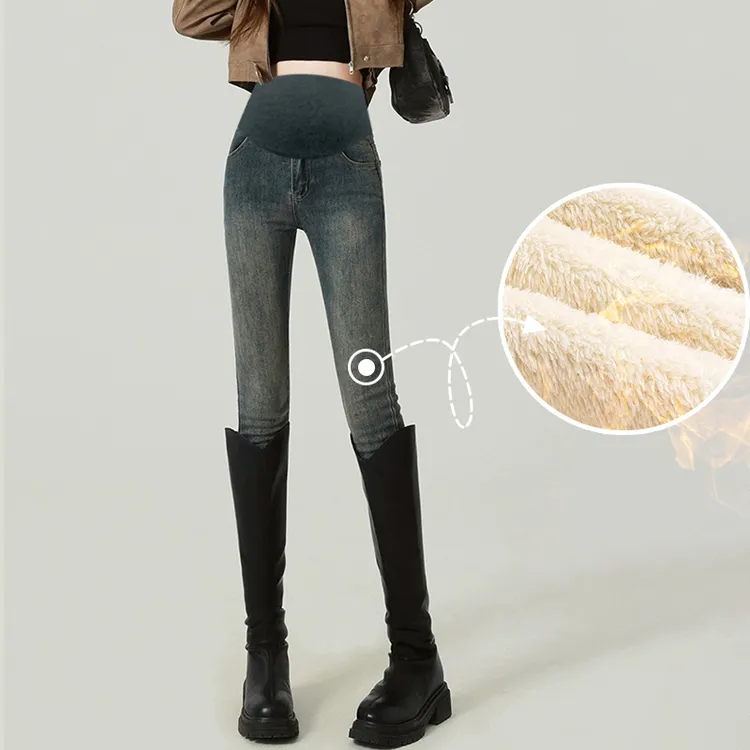 【特价款】孕妇小脚裤羊羔绒牛仔裤冬季水泥灰外穿打底裤简约紧身型