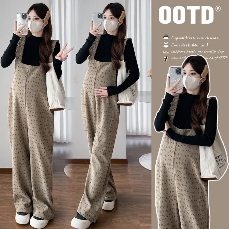 【腿精产检裤】R1107春季针织上衣+碎花背带裤孕妇时尚显瘦百搭两件套套装