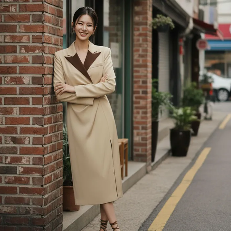 爆款高级感气质长袖西装裙女士春秋新款收腰开叉连衣裙HBZC621166