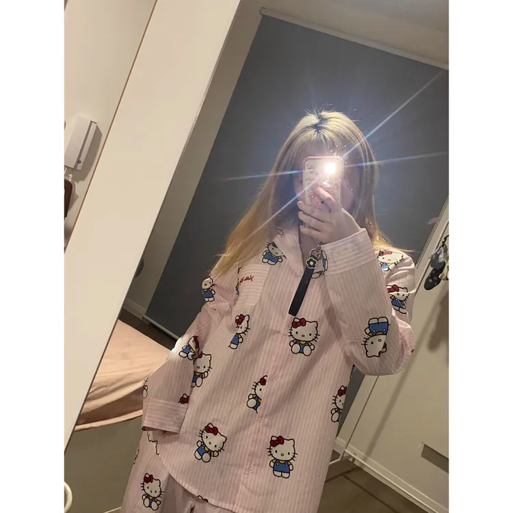 韩版可爱hellokitty条纹睡衣女2025春秋季薄款休闲家居服套装外穿