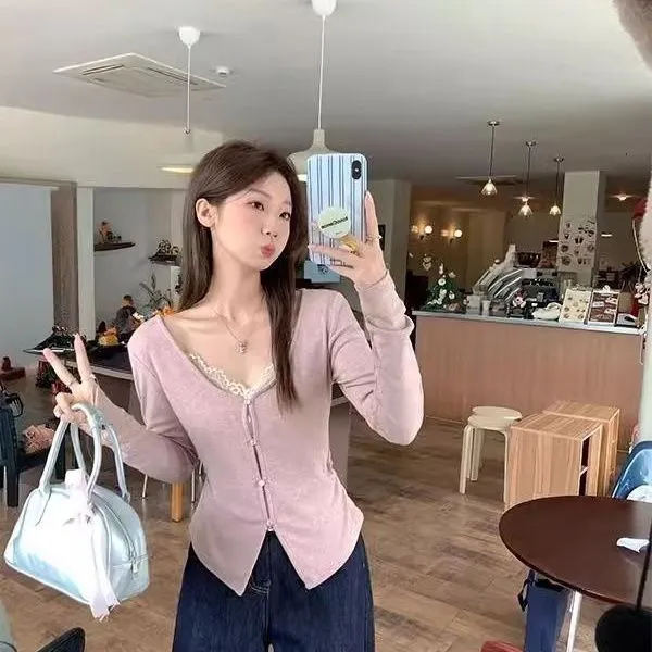 欲风辣妹蕾丝假两件长袖T恤女春秋修身收腰内搭打底衫短款