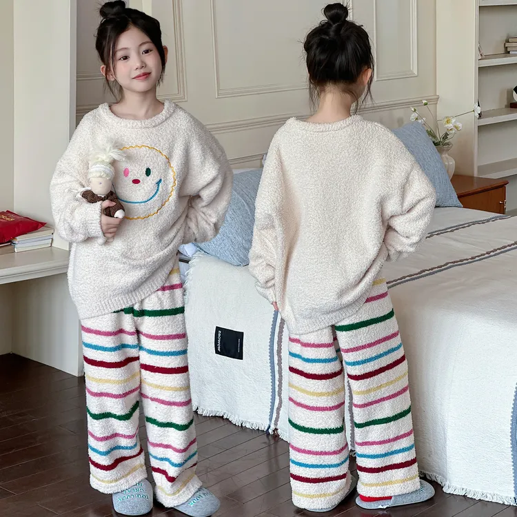 女童秋冬睡衣2025新款小学生女孩半边绒家居服儿童冬季珊瑚绒套装