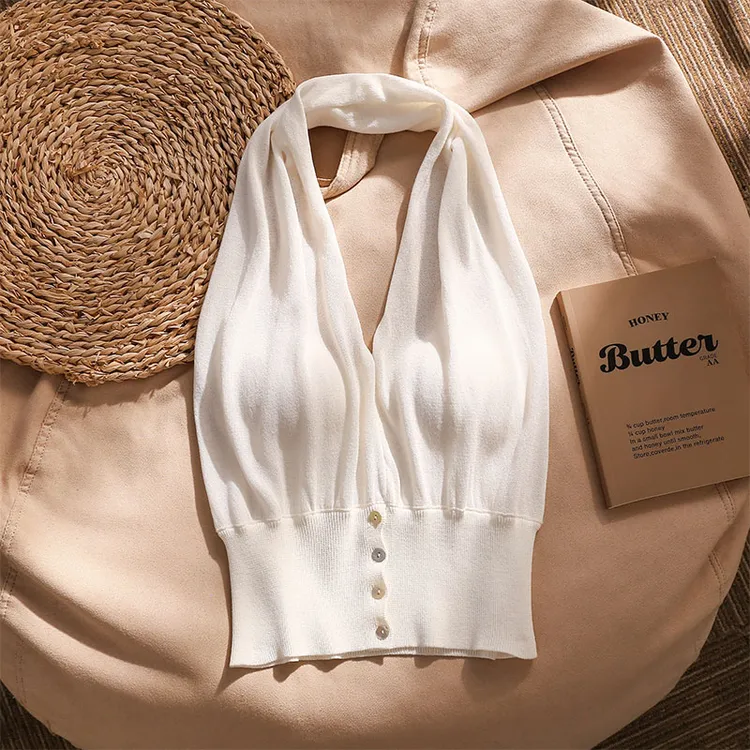 气质黑色露背v领挂脖背心女夏季修身收腰无袖外穿纯欲风短款上衣