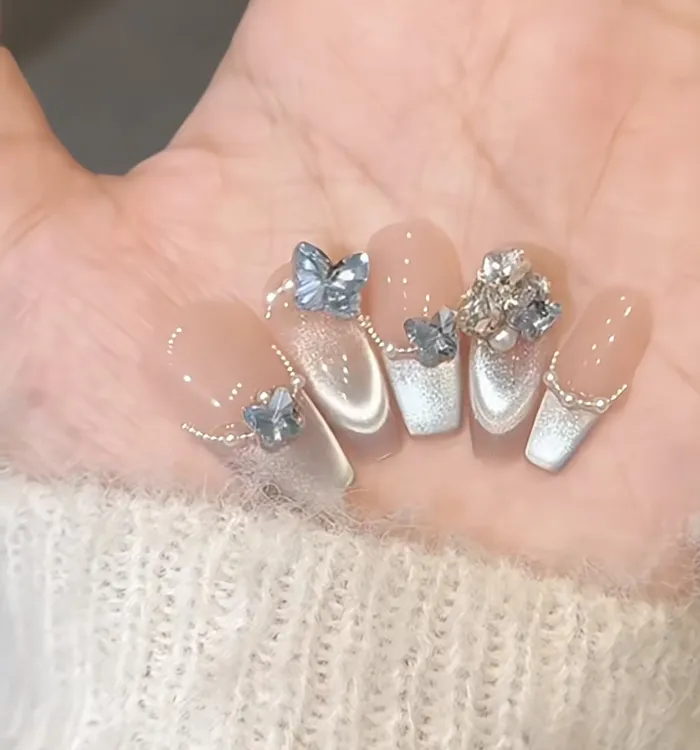 海洋蝶心 温柔气质手工穿戴甲显白设计猫眼渐变美甲贴