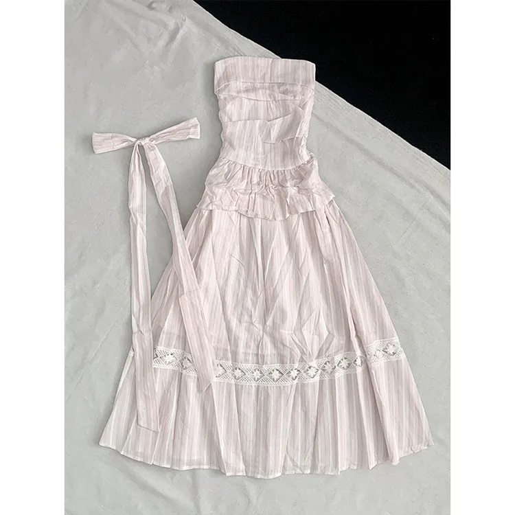 巨好看粉色减龄假两件抹胸连衣裙法式少女感度假风温柔气质长裙夏