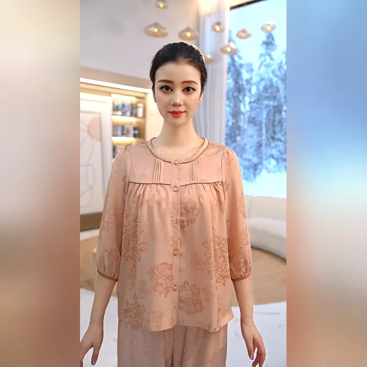 秋鹿仿真丝圆领六分袖长裤女套睡衣夏季女套装薄款