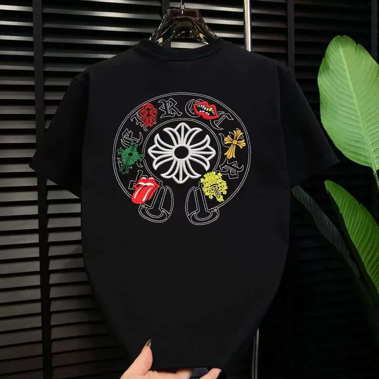 新款男士冬季刺绣短袖宽松型时尚圆领个性冬季T恤