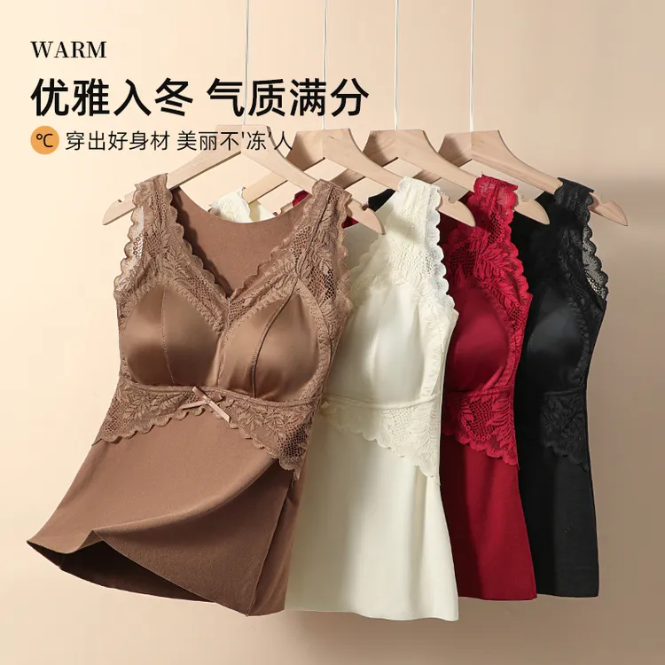 保暖蕾丝边美背双面德绒秋冬保暖背心免穿文胸女加绒加厚保暖内衣