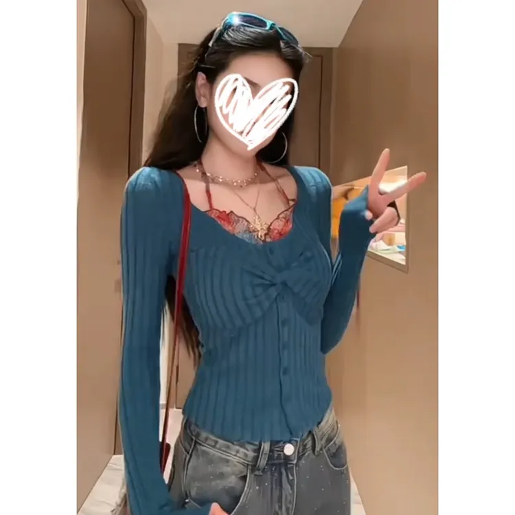 假两件扭结挂脖内搭长袖T恤女装秋冬季单排扣修身显瘦打底衫上衣