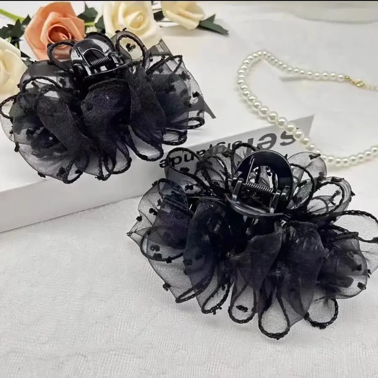 韩版雪纺欧根纱抓夹黑天鹅绒点网纱手工泡泡抓夹春夏新款简约发饰