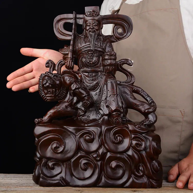 黑檀木赵公明浮雕摆件实木雕刻人物客厅装饰供奉红木木质工艺礼品