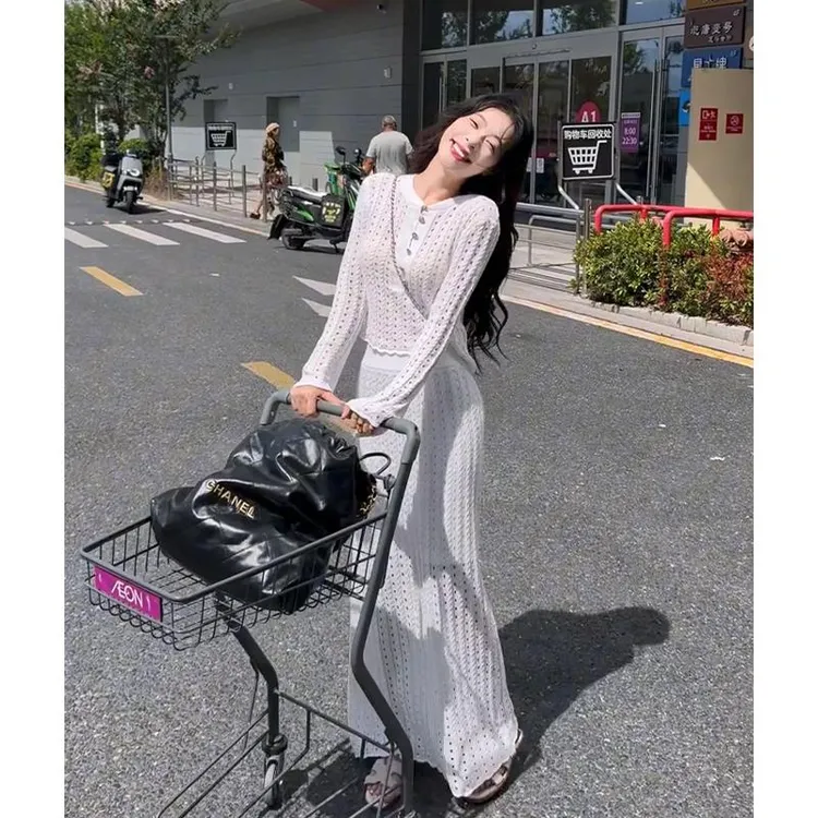 法式女装禅意仙气飘飘宽松镂空圆领长袖上衣气质高腰显瘦半身裙