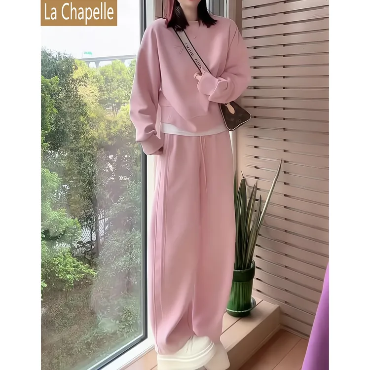 拉夏贝尔静奢风韩版春秋套装女圆领卫衣阔腿裤时尚休闲运动两件套