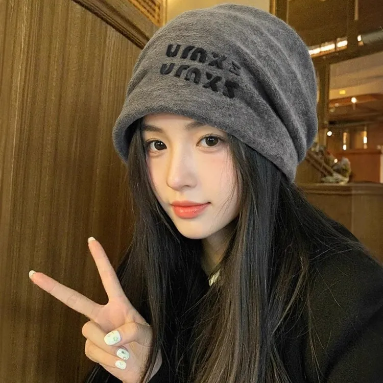 含羊毛灰色堆堆帽女秋冬日系高级感显脸小冷帽大头围保暖包头帽子