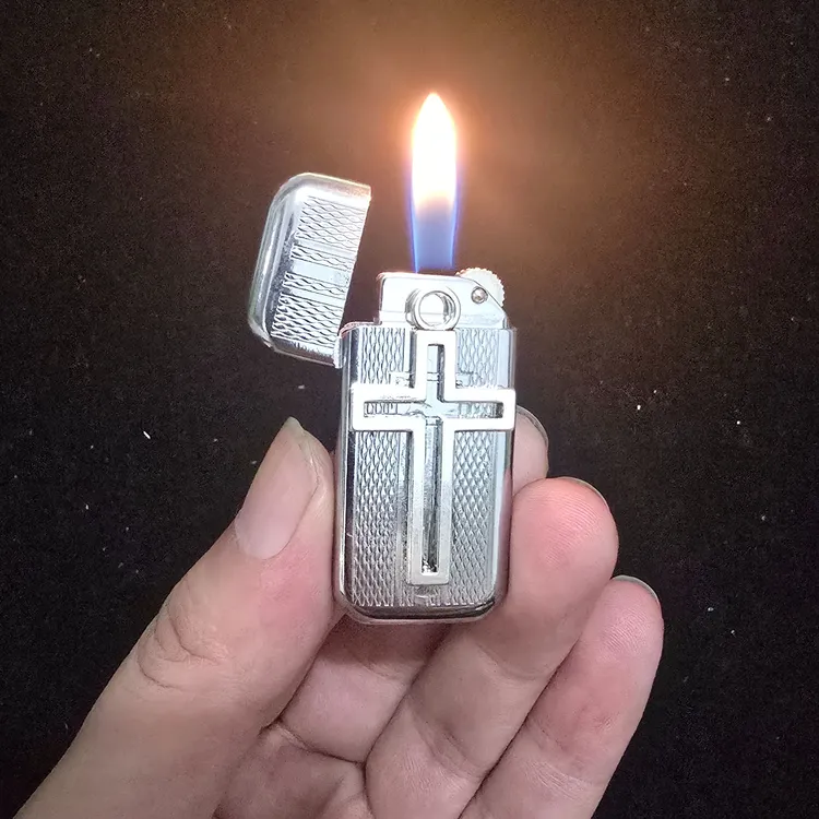 创意便携翻盖十字手工金属砂轮明火充气打火机滑轮个性男女小巧