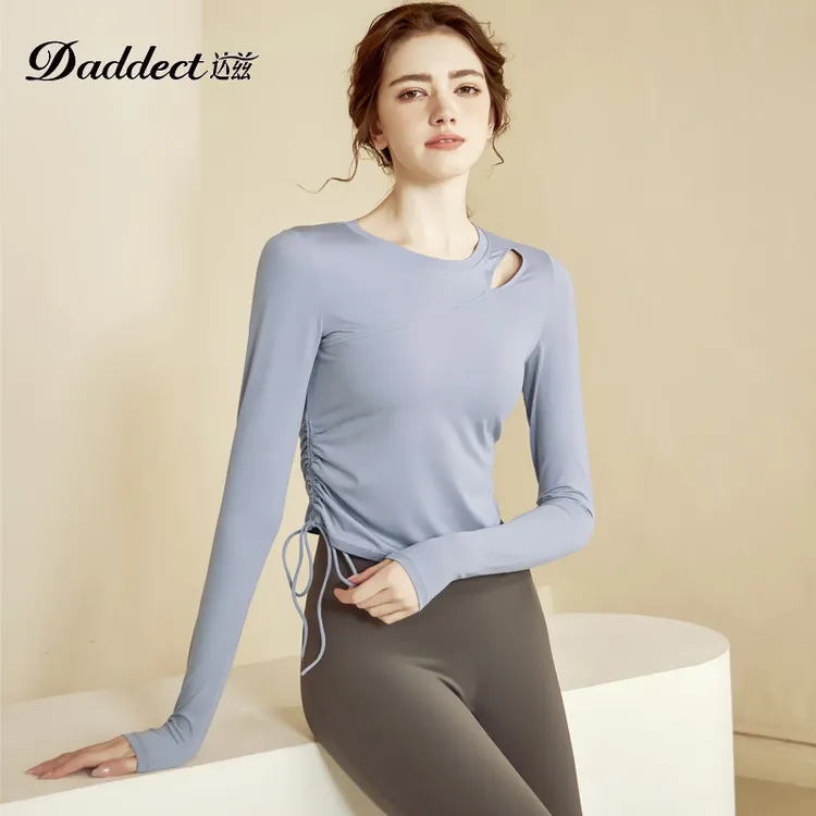 抽绳紧身显瘦瑜伽服女长袖运动上衣跑步训练服普拉提健身服速干