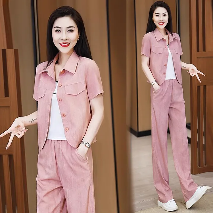 冰丝休闲运动服套装女夏季新款洋气显瘦薄款短袖衬衫阔腿裤两件套