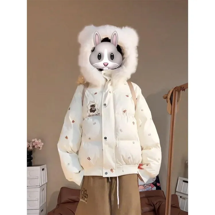 【带挂件】2025冬季新款设计感毛领连帽棉服外套女宽松保暖百搭棉衣