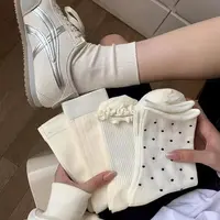 木耳边波点袜子女中筒袜纯色奶油芭蕾风甜美百搭中筒袜