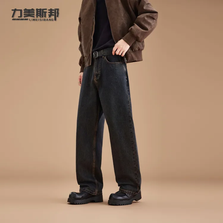 力美斯邦LM023秋冬男款黑色直筒宽松牛仔裤重磅单宁原牛vintage风