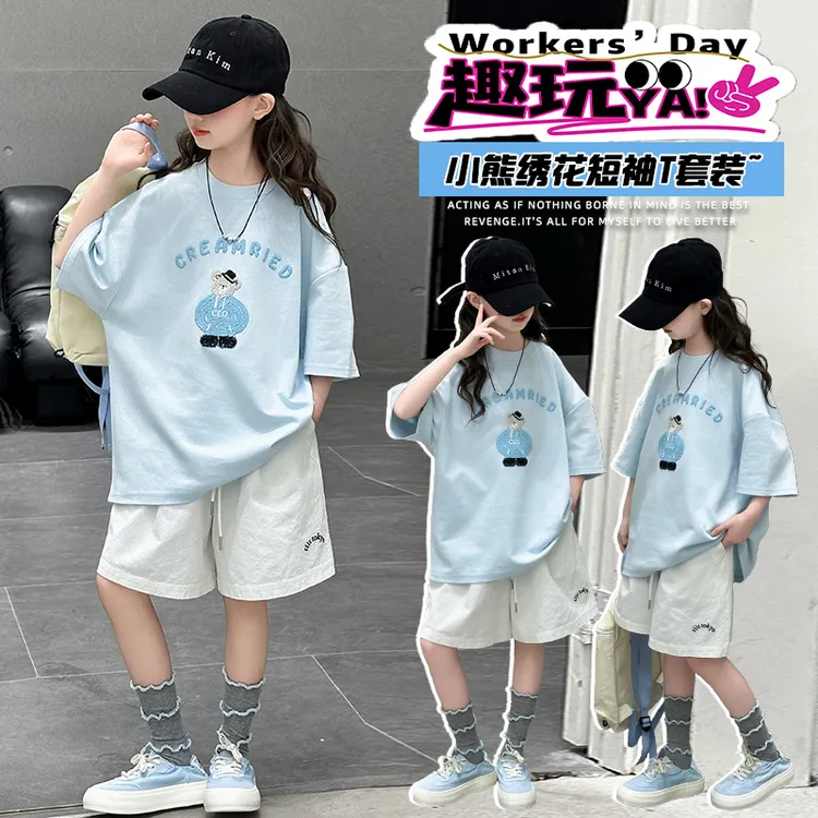 女童夏装套装2025新款6-12岁15岁中大童装休闲洋气潮款中裤两件套