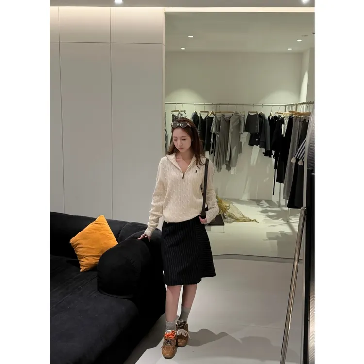 复古高级感宽松翻领百搭针织衫上衣秋冬新款时尚休闲半身裙两件套