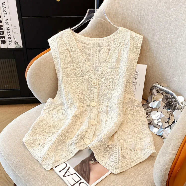 法式钩花V领马甲背心气质女2025春夏季新款外搭开衫无袖上衣KS026