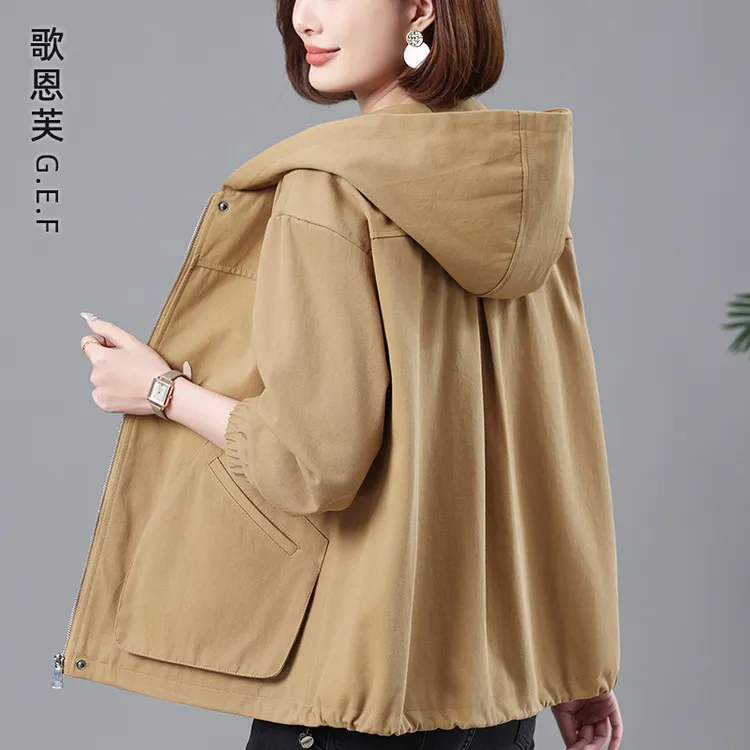 休闲纯棉短款外套女2025新款大码宽松洋气百搭妈妈女士夹克风衣