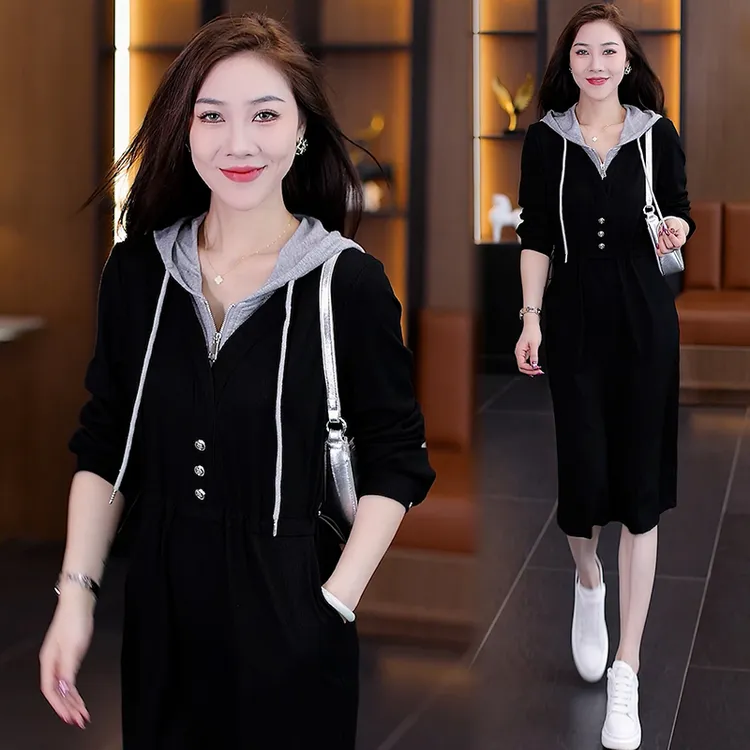 极简风假两件连帽连衣裙2025秋季新款收腰显瘦洋气减龄休闲裙子潮