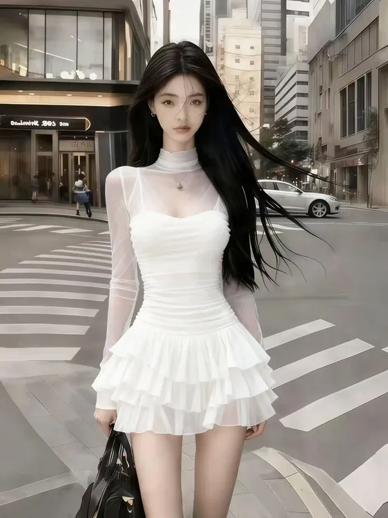 轻奢气质名媛纯欲风白色半高领网纱拼接微透氛围感气质辣妹连衣裙