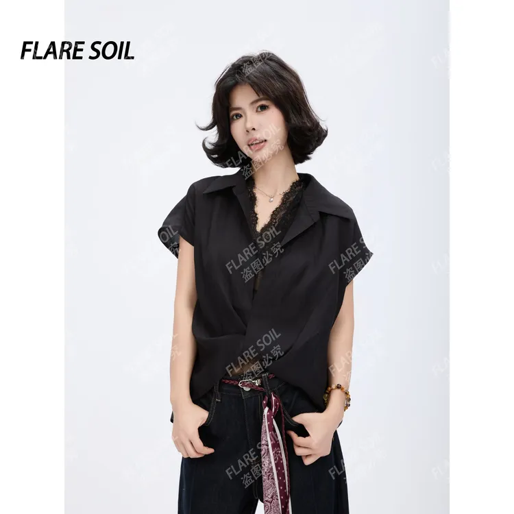 【FLARE SOIL】（现货）无袖翻领蕾丝镂空时尚短款百搭上衣两件T4332A