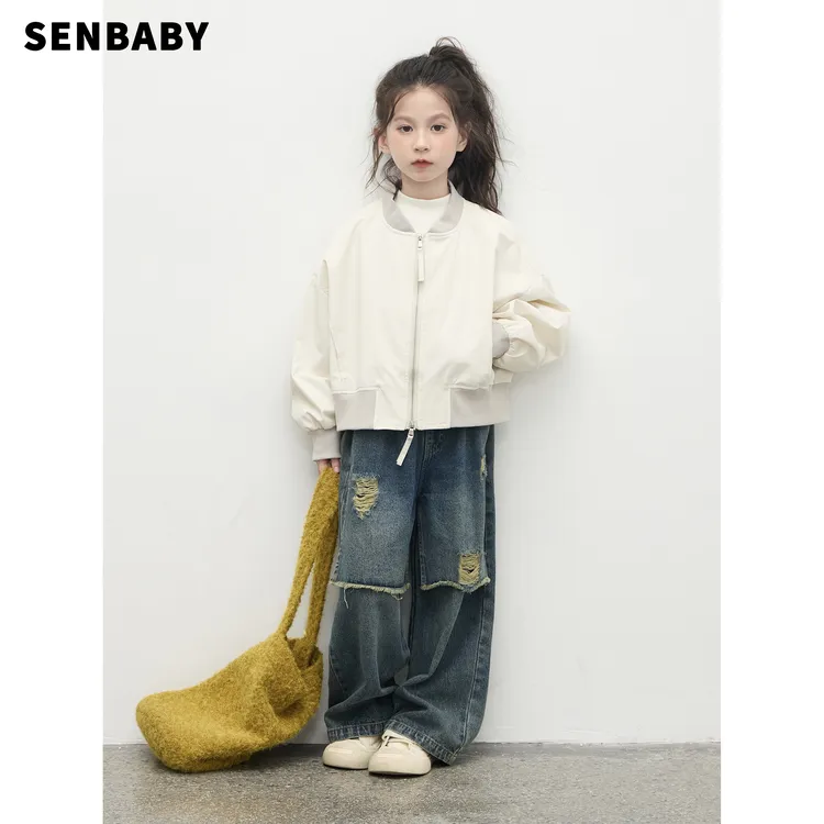 senbaby童装女童洋气外套25新款圆领拉链棒球服韩版夹克外套