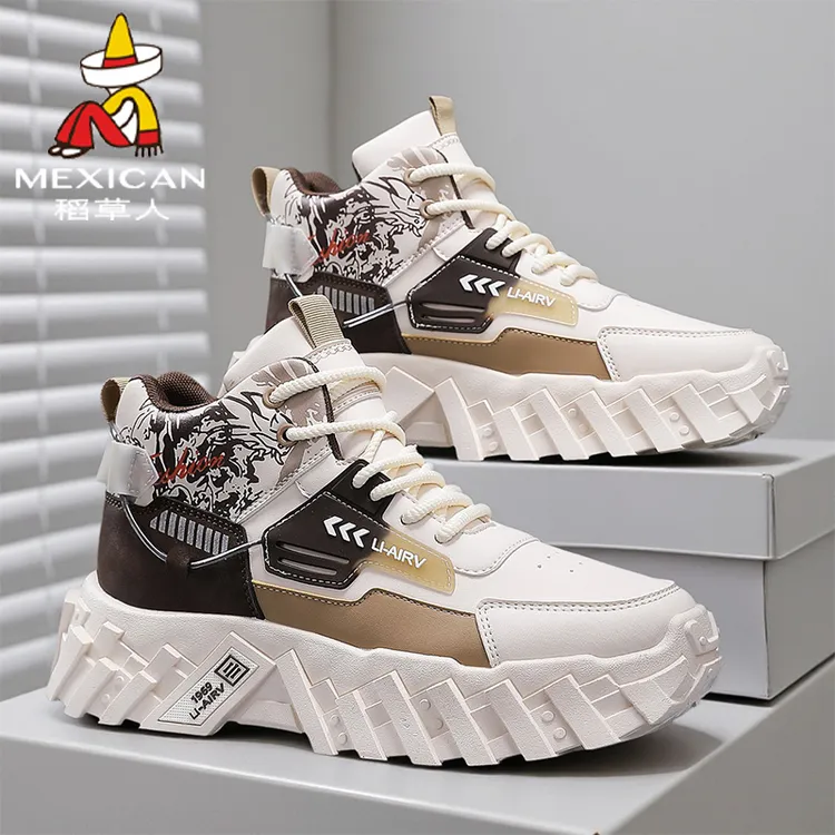 稻草人马丁靴高帮男鞋冬季新款厚底隐形内增高潮流运动休闲百搭鞋