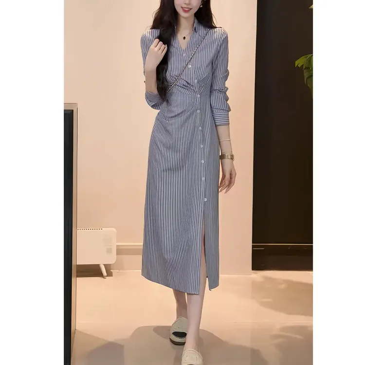 【蓝海之心】法式复古气质条纹衬衫收腰连衣裙女