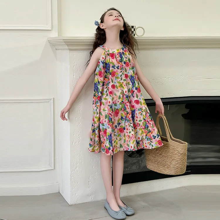 女童碎花连衣裙夏季2025新款洋气中大童韩系挂脖公主裙女孩背心裙