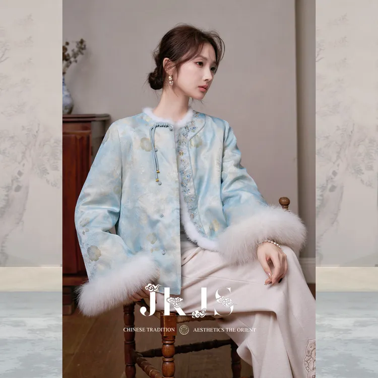 JKJS【藕风凌】狐狸毛袖口 人丝提花 绣花棉衣冬季羊毛新中式棉服