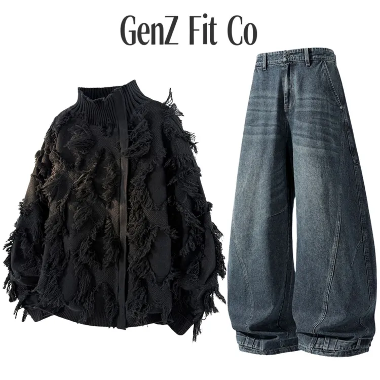 GenZFitCo春秋流苏设计感提花针织衫百搭韩版水洗做旧时尚套装