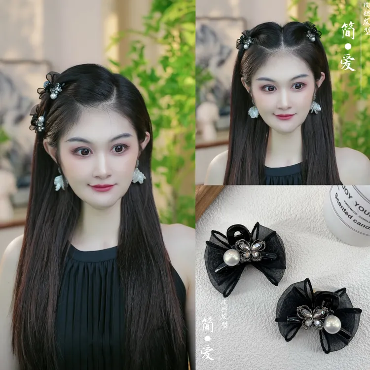 2025简约轻奢高级感AB面黑色珠珠水钻蝴蝶刘海夹侧边夹碎发夹发饰
