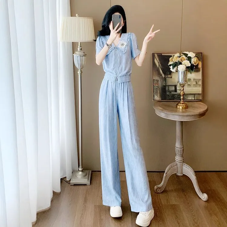 【新中式服装甄选】高级感休闲运动套装女夏季2025独特漂亮蓝色晕