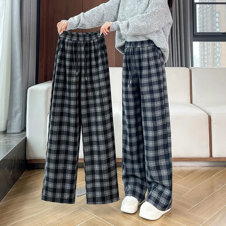 格子裤窄版阔腿裤春秋冬季加绒加厚高腰大码直筒小个子九分休闲裤