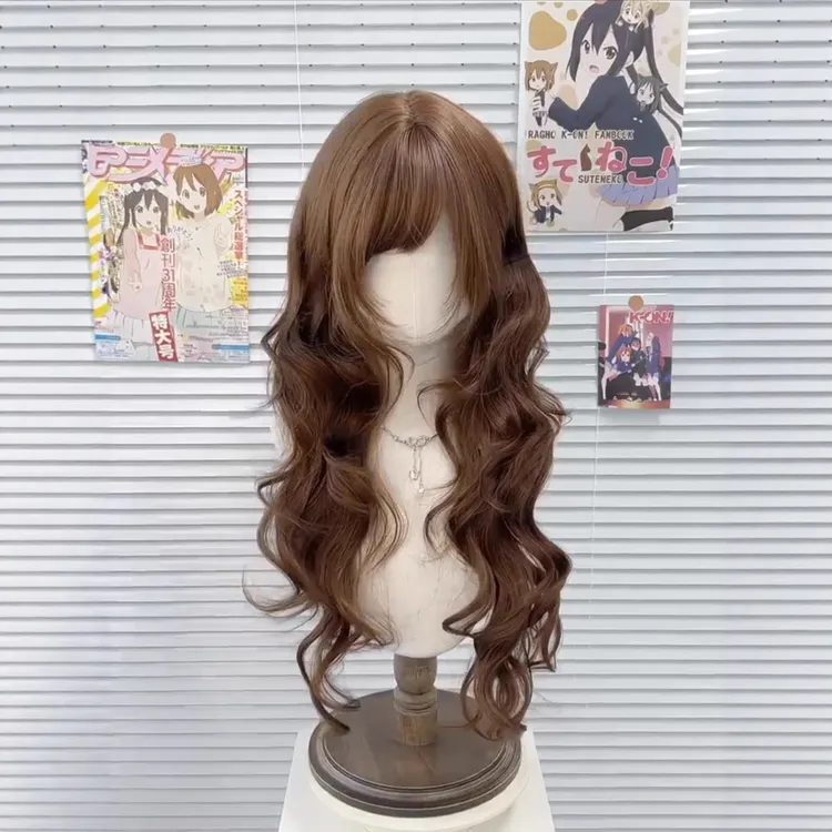 假发女巧克力棕Lolita斜刘海古早长卷发短鬓角修颜日常整顶全头套