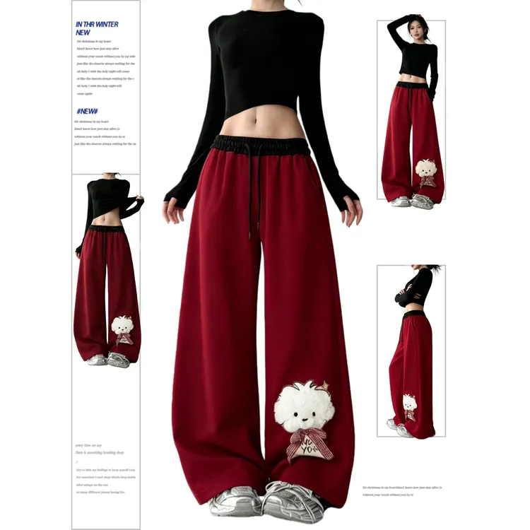 圣诞红冬季新款韩版时尚高级宽松百搭洋气减龄系带阔腿裤加绒保暖