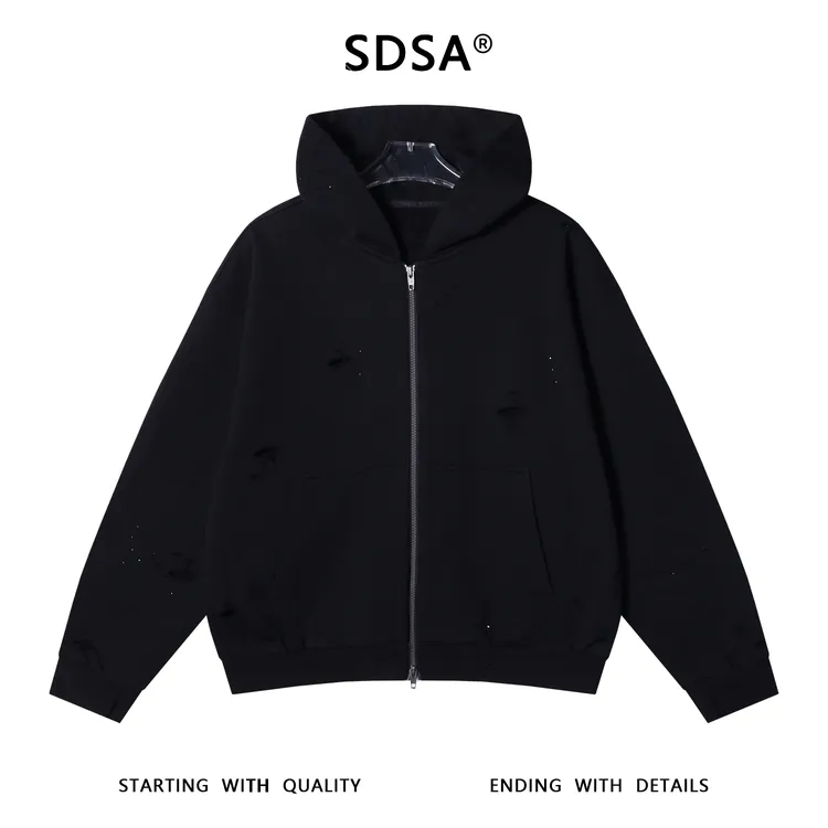 SDSA秋冬新款痞帅男装韩版纯色破洞烫钻连帽卫衣拉链开衫时尚外套