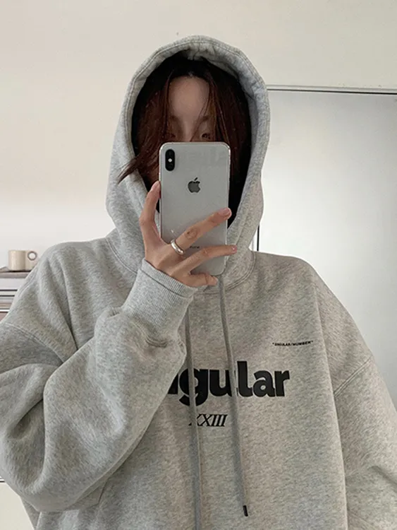 哈尼HONEY灰色连帽卫衣女秋冬松弛感加绒加厚oversize印花上衣